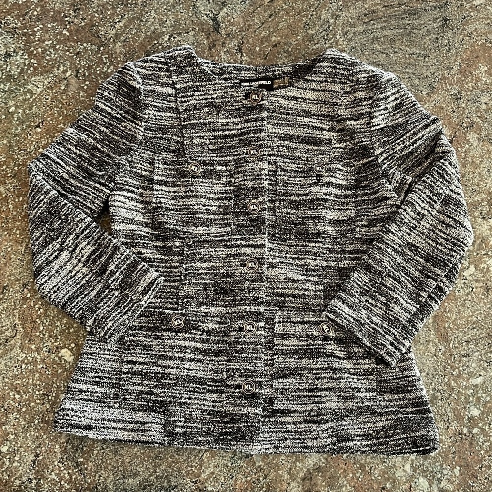 Karl Lagerfeld Black White Tweed Button Front Blazer Cardigan Women’s Size M
